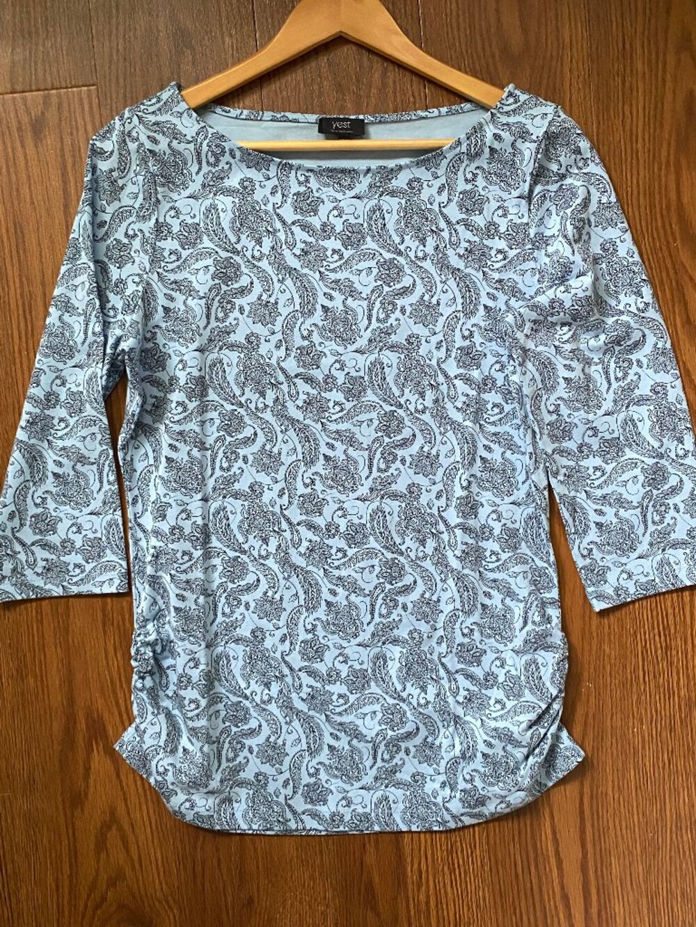 🇳🇱 Yest Netherlands Light Blue Ruched Paisley Boatneck Top size 10
